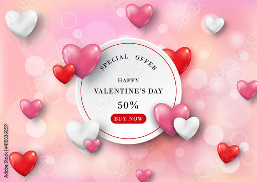 Valentine day's specials offer on white banner and harts on pink bokeh pattern background. Valentine greeting card in paper cut style and vector design.