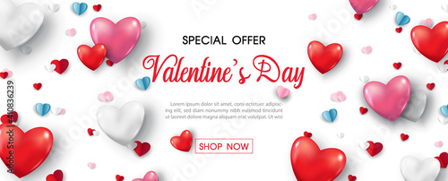 Valentine day's specials offer and colorful harts on white background. Valentine greeting card in paper cut style and vector design.