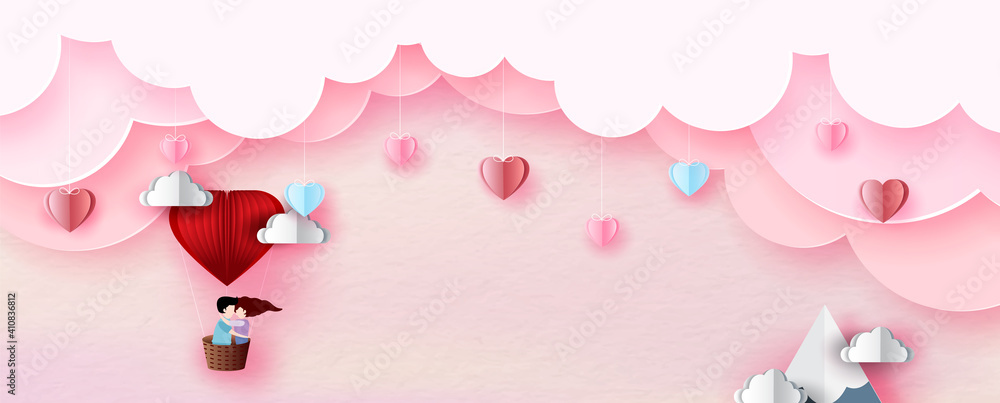 couples travel by balloon with colorful hearts hang on pink cloud, space for texts and pink paper pattern background. Valentine greeting card in paper cut style and vector design.