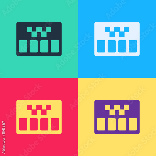 Pop art Taximeter device icon isolated on color background. Measurement appliance for passenger fare in taxi car. Vector.
