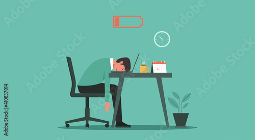 Professional burnout syndrome concept. Tired or exhausted man with low energy battery sitting at the office and working on laptop computer in workplace, vector flat illustration