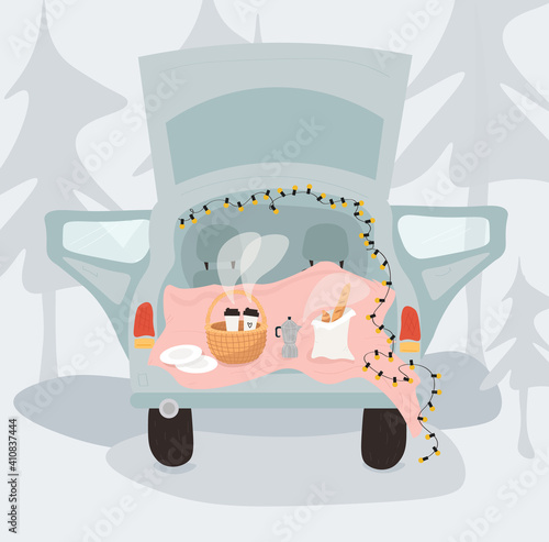 Happy Valentine's Day. Nice vector flat illustration with picnic for Valentine's Day in cartoon style. 
Dating in the car. Picnic in the car with coffee, pastries and a garland. Picnic basket.