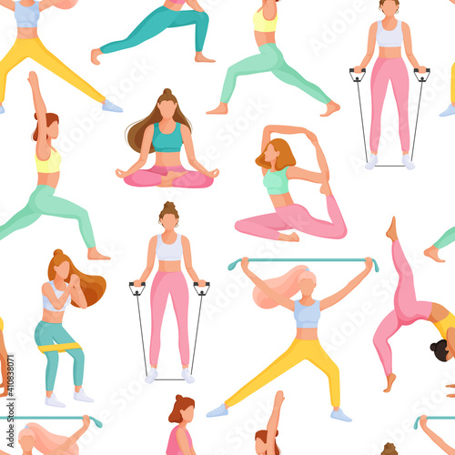 Seamless pattern with young women doing fitness exercises. The concept of sport, gym, yoga, pilates, fitness. Healthy lifestyle. Health benefits for the body, mind and emotions. Vector illustration.