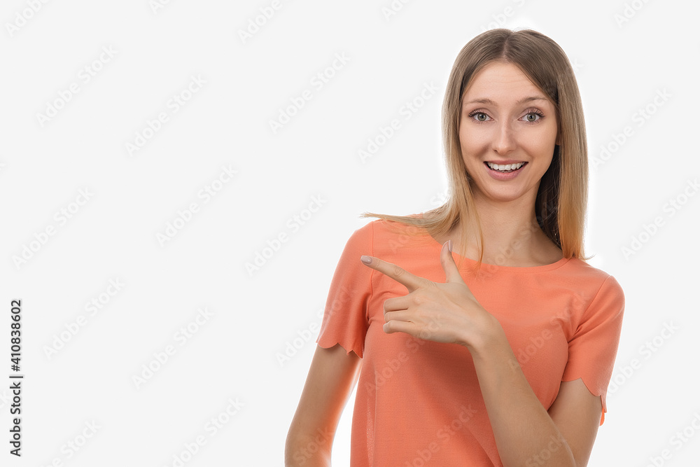 Portrait of stylish confident blond girl pointing finger left at interesting offer, recommend click link, upload app Portrait of stylish confident blond girl pointing finger left at interesting offer, recommend click link, upload app
