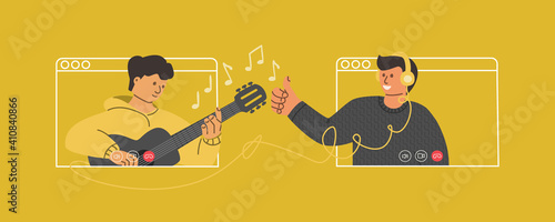 Videoconference of a young guy playing an acoustic guitar. The guy with headphones makes a video call. Stream online concert on social networks. Vector flat illustration.