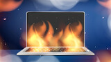 The laptop is on fire. The concept of equipment breakdown and repair. Vector illustration.