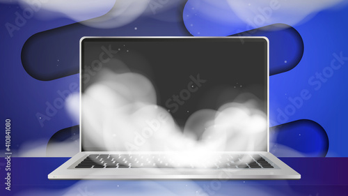 Smoke is coming from the laptop. The concept of equipment breakdown and repair. Vector illustration.
