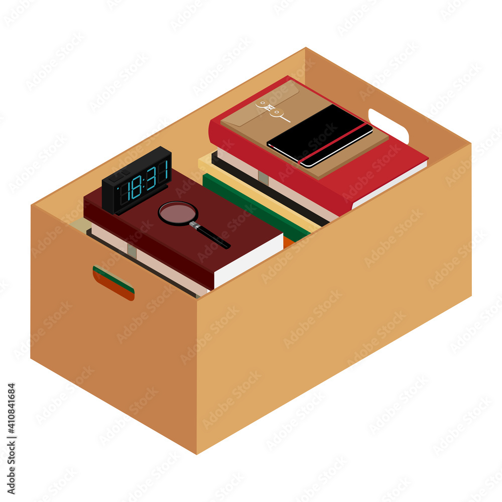 Box full of stuff. Moving office. Vector illustration Box full of stuff. Moving office. Vector illustration