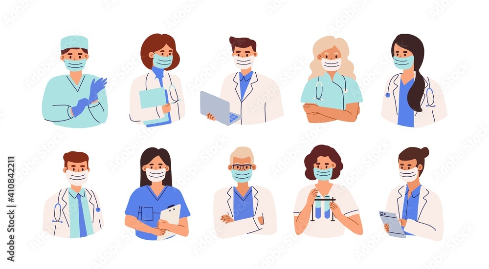 Set of doctors, nurses and paramedics in face masks. Portraits of male and female medic workers in uniform with laptop, stethoscopes and gloves. Flat vector illustration isolated on white background Set of doctors, nurses and paramedics in face masks. Portraits of male and female medic workers in uniform with laptop, stethoscopes and gloves. Flat vector illustration isolated on white background
