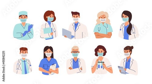 Set of doctors, nurses and paramedics in face masks. Portraits of male and female medic workers in uniform with laptop, stethoscopes and gloves. Flat vector illustration isolated on white background