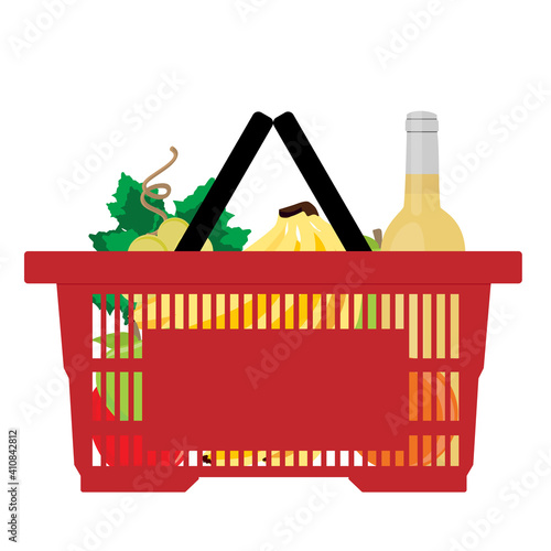Shopping market basket with variety of grocery products