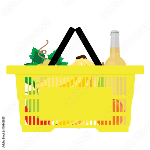 Shopping market basket with variety of grocery products