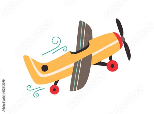 Toy plane with propeller isolated on white background. Side view of flying ol...