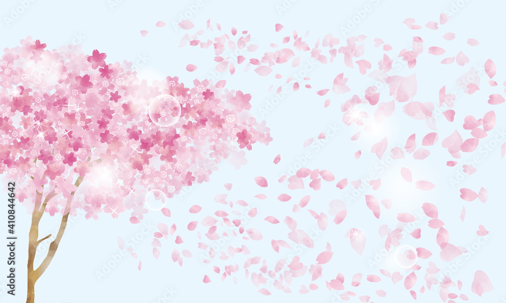 水彩風　桜の木と舞う花びらとキラキラ（背景ブルー）