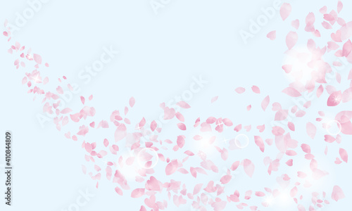 水彩風　キラキラと桜舞う（背景ブルー）Watercolor Spring Series: Cherry Petals Gently Falling