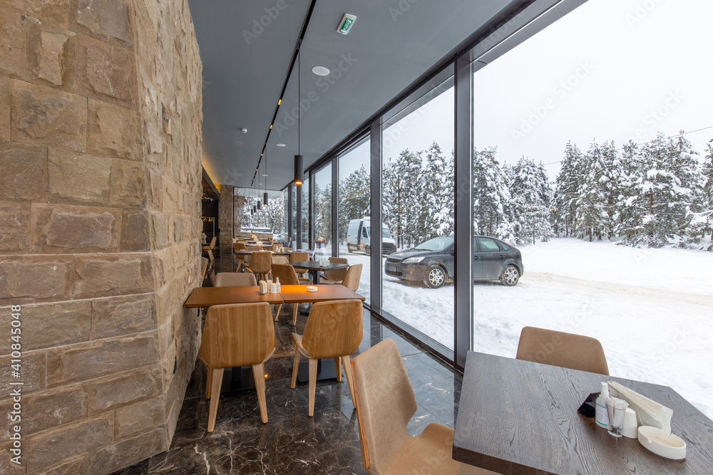 Fototapeta premium Interior of a modern mountain restaurant