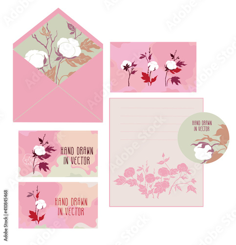 Fototapeta Naklejka Na Ścianę i Meble -  A set for wedding invitations. An envelope, postcard, business card, sticker, sheet for writing. Pink color