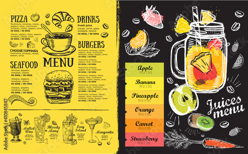 Brochure Restaurant , menu, template design. Food flyer. Hand-drawn style. 