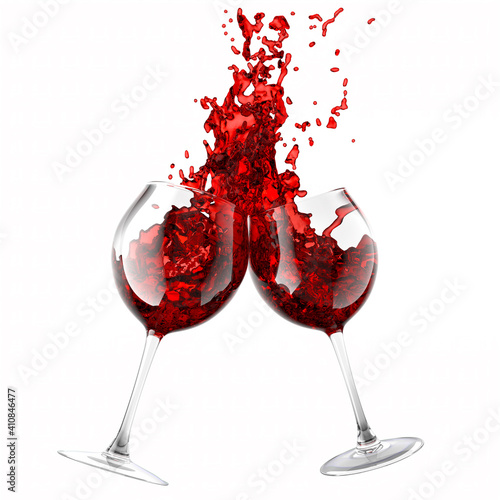 Couple of glasses with red wine and splashes of fluid isolated on white.