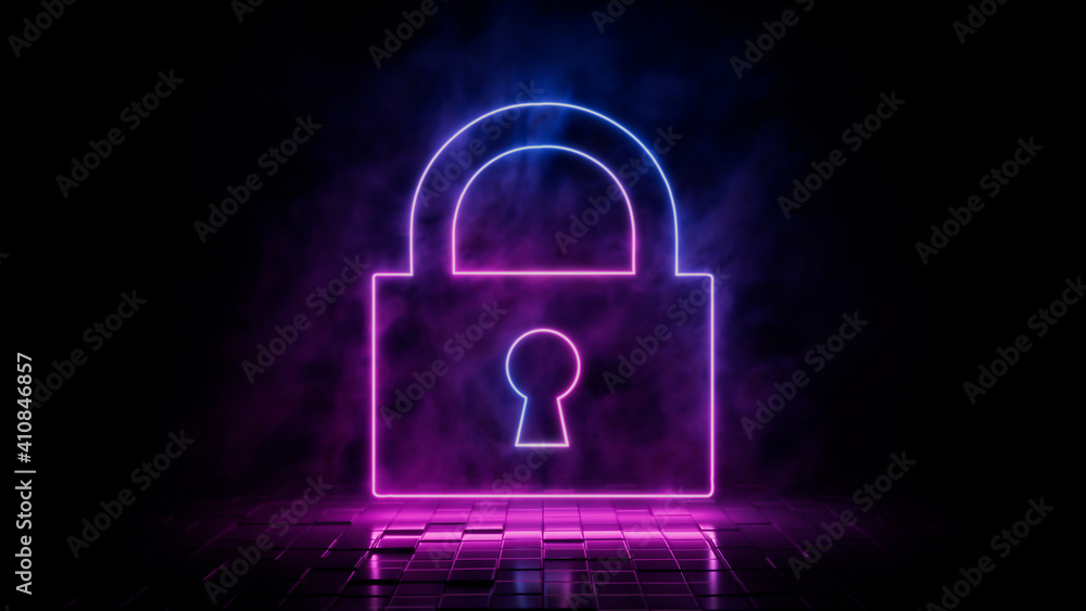 Pink and blue neon light lock icon. Vibrant colored security technology symbol, isolated on a black background. 3D Render Pink and blue neon light lock icon. Vibrant colored security technology symbol, isolated on a black background. 3D Render