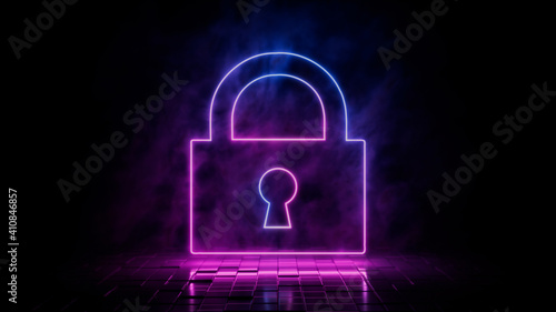 Pink and blue neon light lock icon. Vibrant colored security technology symbol, isolated on a black background. 3D Render  photo