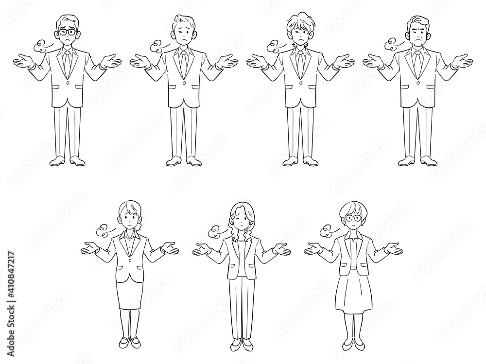 両手を広げてため息をつくビジネスマンとビジネスウーマンの全身のイラストセット
両手を広げてため息をつくビジネスマンとビジネスウーマンの全身のイラストセット
