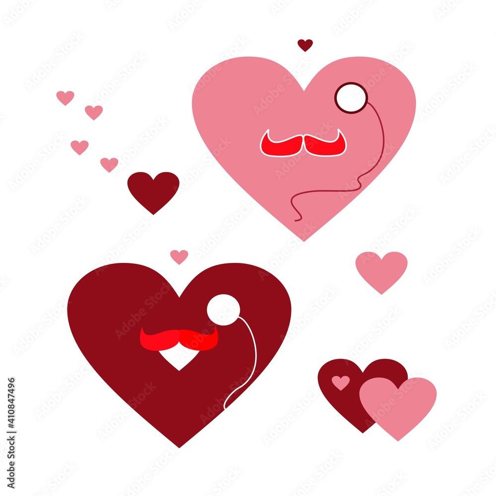 Vector illustration. A set of funny hearts with a mustache and monocle. Vector illustration. A set of funny hearts with a mustache and monocle.
