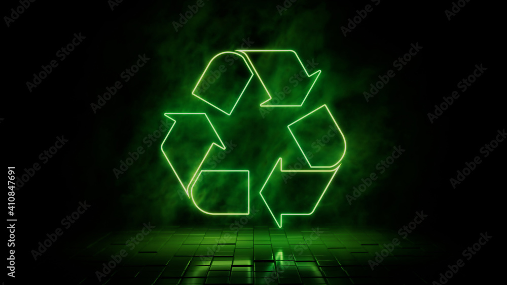 Green neon light recycle icon. Vibrant colored technology symbol, isolated on a black background. 3D Render Green neon light recycle icon. Vibrant colored technology symbol, isolated on a black background. 3D Render