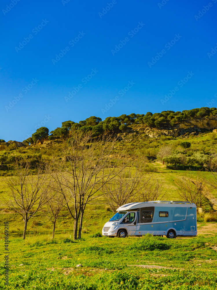 Fototapeta premium Rv camper camping on nature, Spain.