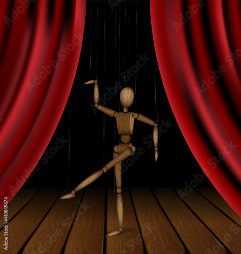vector illustration wooden theater stage and puppet