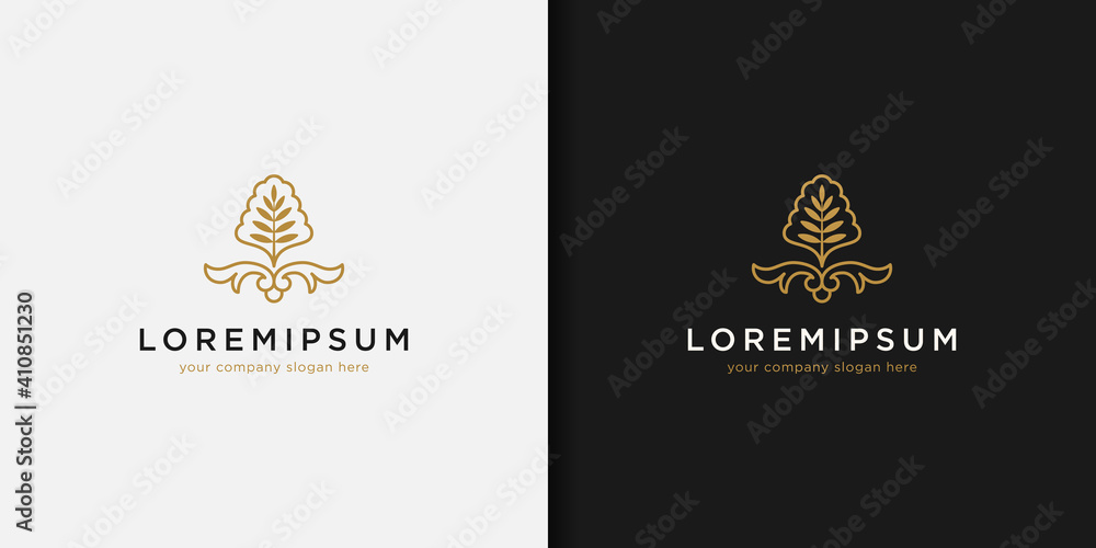Abstract Nature Logo. Gold Tree with Leaves and Clouds Linear Style isolated on Double Background. Usable for Nature, Cosmetics and Beauty Logos. Flat Vector Logo Design Template Element. Abstract Nature Logo. Gold Tree with Leaves and Clouds Linear Style isolated on Double Background. Usable for Nature, Cosmetics and Beauty Logos. Flat Vector Logo Design Template Element.