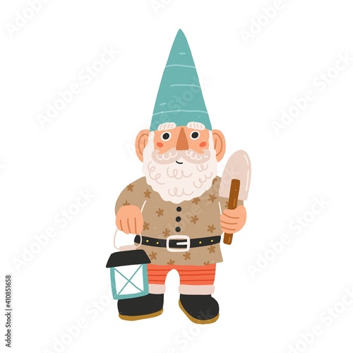 Cute and funny garden gnome or dwarf holding lantern and trowel. Hand-drawn f...