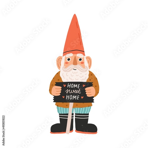 Cute and funny garden gnome or dwarf in red hat holding slate board with Home Sweet Home inscription. Fairytale character. Colored flat cartoon vector illustration isolated on white background