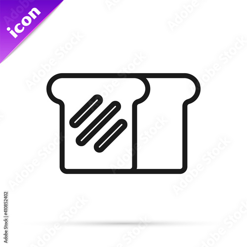 Black line Bread toast for sandwich piece of roasted crouton icon isolated on white background. Lunch, dinner, breakfast snack. Vector.