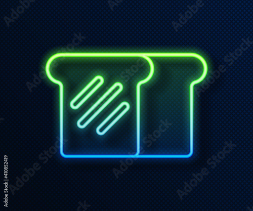 Glowing neon line Bread toast for sandwich piece of roasted crouton icon isolated on blue background. Lunch, dinner, breakfast snack. Vector.