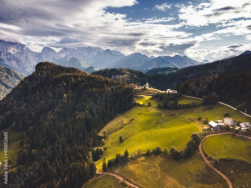 Alpine countryside landscape with high mountains. Kamnik Savinja Alps, Logar valley, Slovenia, Europe photo