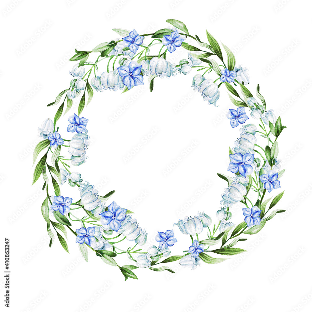 Blue  flowers and lily of the valley in wreath for wedding. Decorative element for greeting card. Illustration