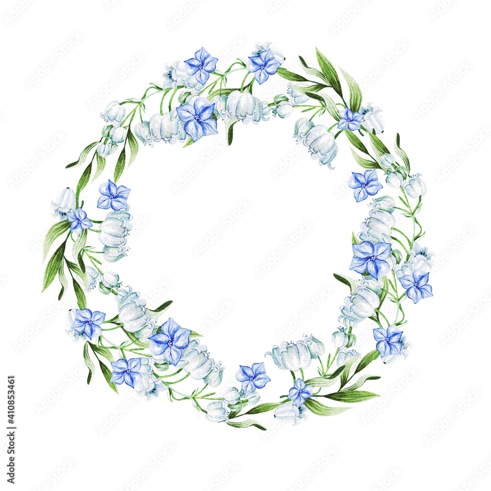 Blue  flowers and lily of the valley in wreath for wedding. Decorative element for greeting card. Illustration