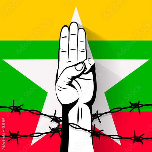 The 3 finger salute protest sign behind barbed wire on flag of Myanmar vector illustration. Protest against violence, injustice and dictatorship. Fight for democracy