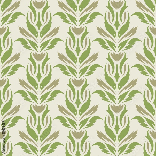 Seamless background with a floral pattern. Green and brown leaves on a beige background. Flat style. Spring and summer theme. Endlessly repeating texture for fabrics, textiles, wallpaper, interiors. © Oksana Zhigulina 