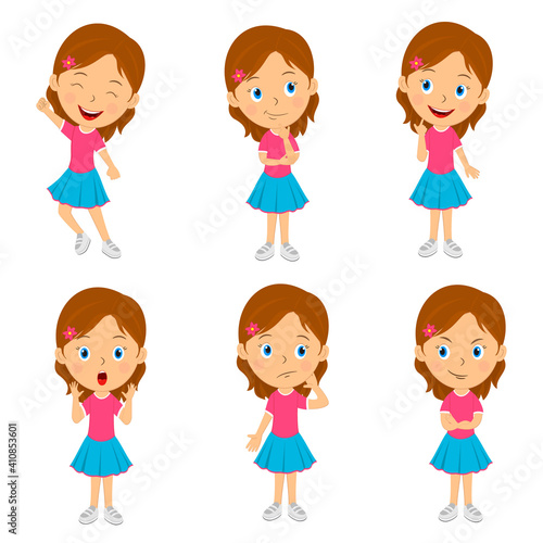 cute cartoon girl emotions set