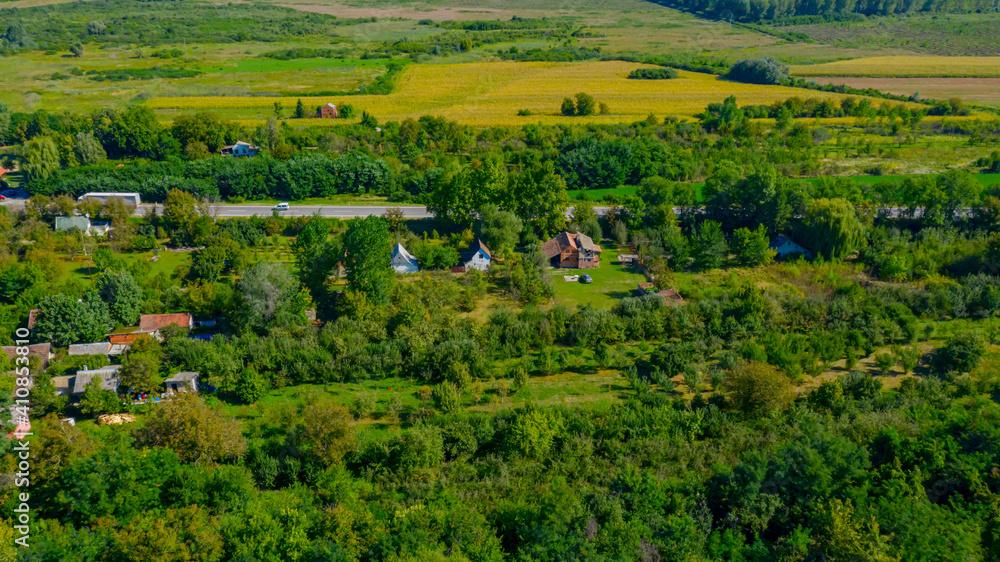 Above view over cottage settlement, forest, landscape