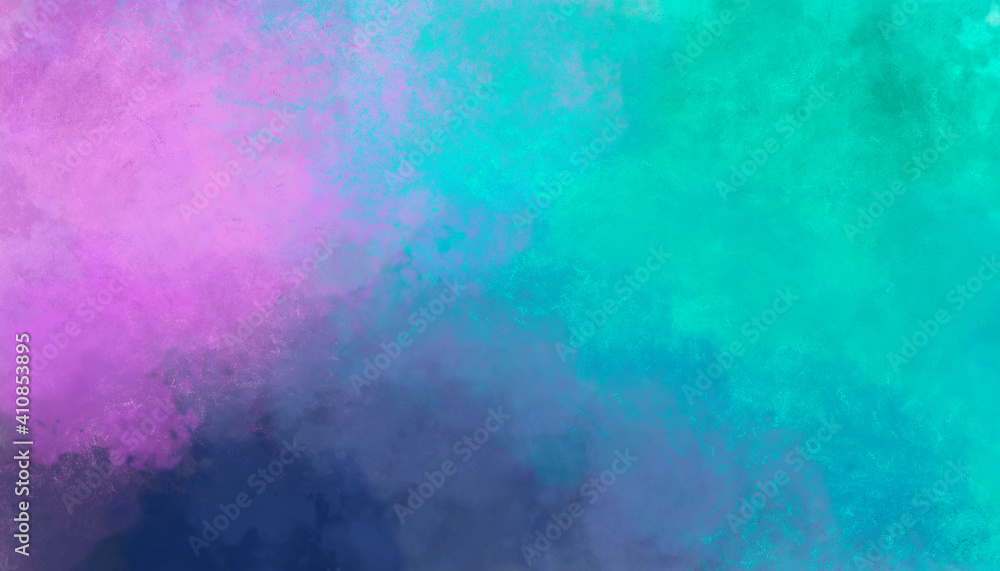 Abstract watercolor background with bright ink shapes in turquoise, pink and blue