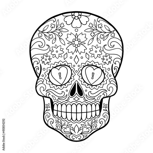 sugar skull, day of death vector illustration. Mexican skull. Coloring page