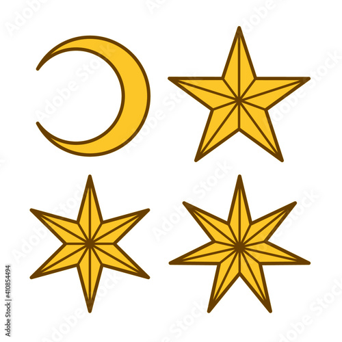 Vector flat style illustration set of crescent moon and three golden stars isolated on white background