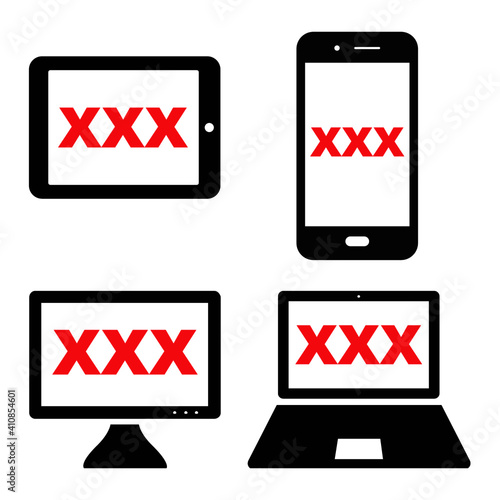 Vector flat style illustration set of computer devices with XXX adult content - Icon Isolated on white background