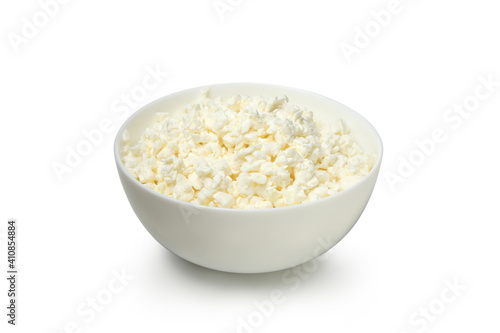 Bowl with cottage cheese isolated on white background