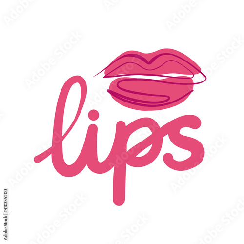 Vector illustration of female lips with text. Elegant logo with the image of crimson lips. Isolated on white background