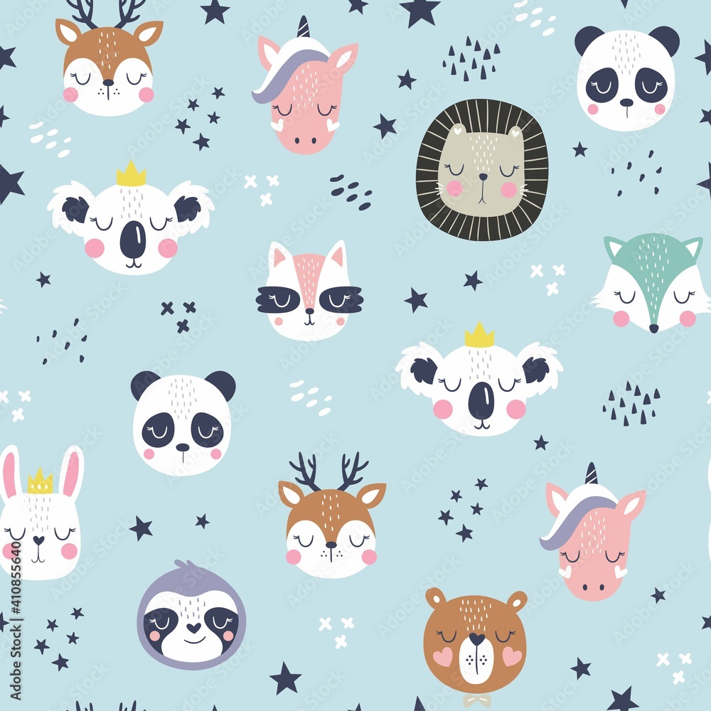 Cartoon cute animal faces. Cute animals vector pattern. Creative texture in Scandinavian style. Great for fabric, textile Vector Illustration

