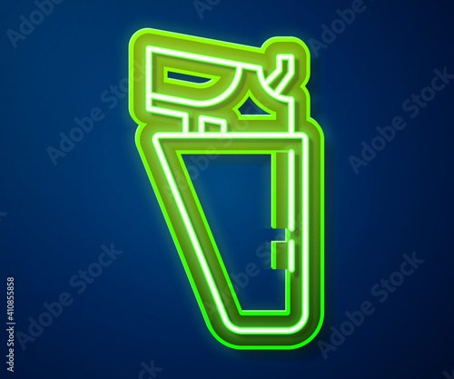 Glowing neon line Revolver gun in holster icon isolated on blue background. Vector.